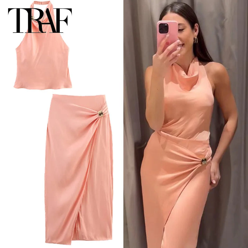TRAF Satin Skirt Set Elegant Women's Sets Backless Halter Top Woman 2 Piece Set Outfit Fashion Midi High Waist Wrap Skirt Suits