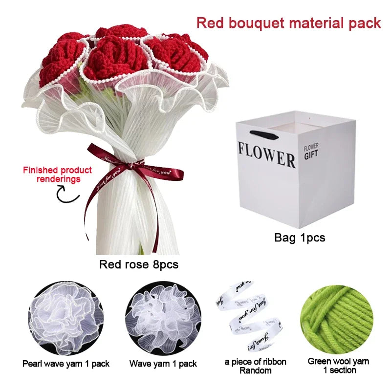 Handmade Knitted Crochet Artificial Rose Bouquet DIY Material Pack Wedding Decoration Bride Holding Flowers Valentine's Day Gift