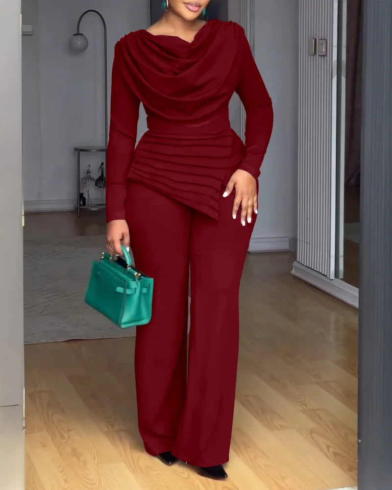 Swing Collar Ruched Jumpsuit Long Sleeve Solid Elegant Office Lady Asymmetric Hem Casual Vintage Ruched Slim Rompers Autumn