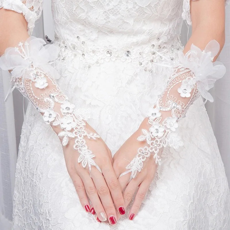 Wedding White Floral Rhinestone Lace glove Girls