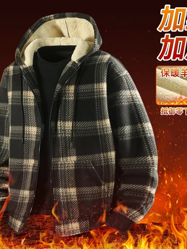 Winter Fashionable Trendy Grid Thickened Warm Lamb Fleece Jacket for Men's Casual Loose Sports Large Size High Quality Jacket