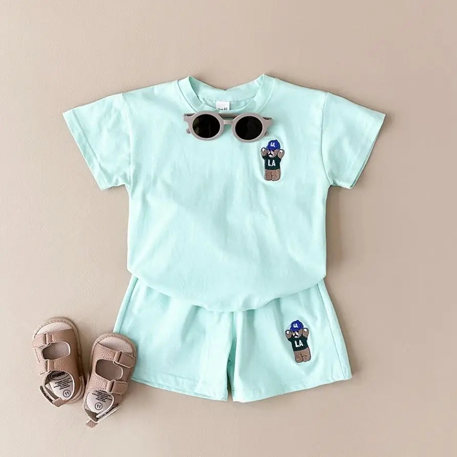 INS Summer Baby Boys Clothes Baby Girls Suit Bear Embroidery Thin Sports T-shirt Baby Cotton Infant Outfit Set Children Clothing