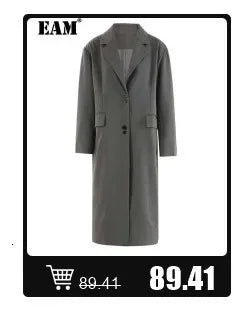 [EAM] Women Beige Irregular Hem Buckle Long Elegant Blazer New Lapel Long Sleeve Jacket Fashion Tide Spring Autumn 2025 CPDB133