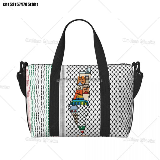 Custom Arabic Calligraphy Name With Palestinians Flag Hand Grocery Tote Shopping Bag Women Large Capacity Beach Gym Travel Bags