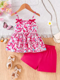Summer Girl's Outfit Floral Sling Top + Shorts Set