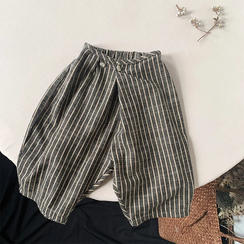 Children's Retro Striped Cotton And Linen Pant Spring Autumn New Japanese Boys And Girls Casual Loose Wide-Leg Pants WTP122