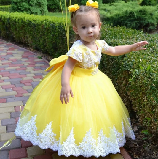 Yellow Flower Girl Dresses For Wedding Tulle White Appliques With Bow Cute Toddler Birthday Party Photo Shoot Gown