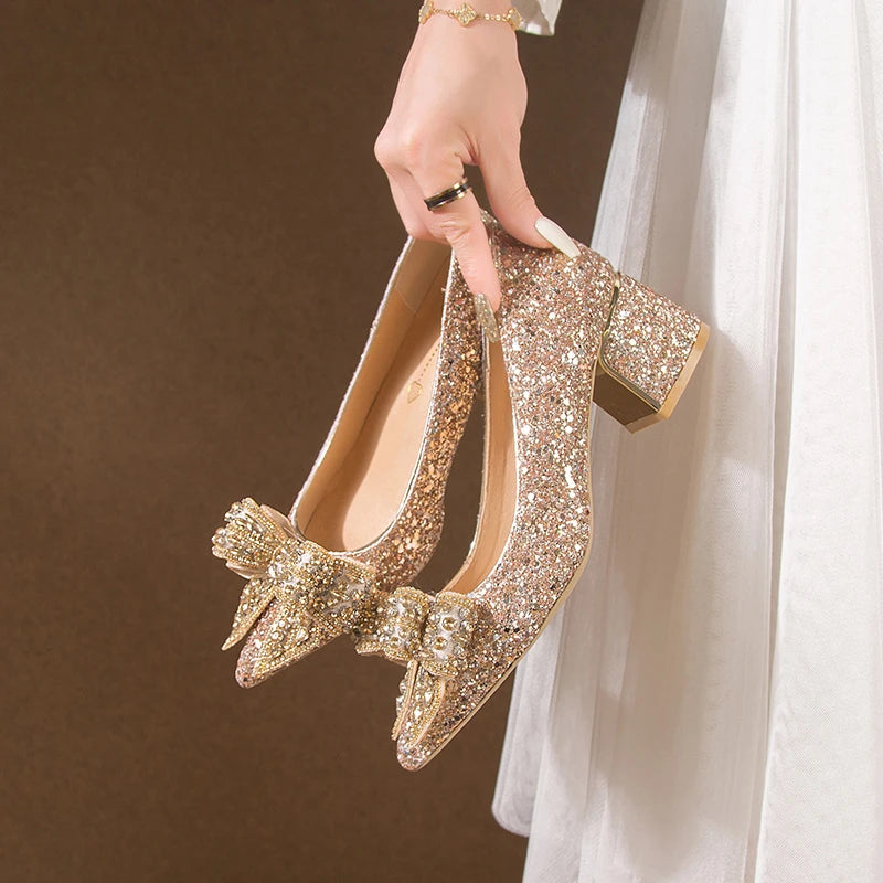 Wedding Shoes for Women 2024 Brand Fashion Women's High Heels Summer Pointed Toe New Crystal Butterfly-knot Bride Shoes