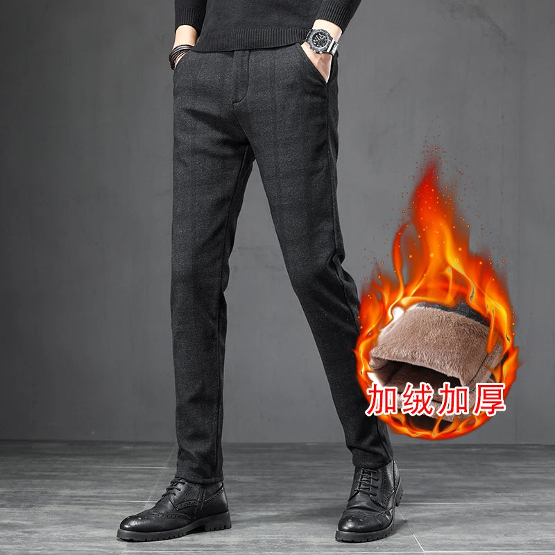 Winter Fleece Warm Pants Men England Plaid High Quality Business Slim Cotton Long Trousers Male Black Gray Pant Big Size 28-38