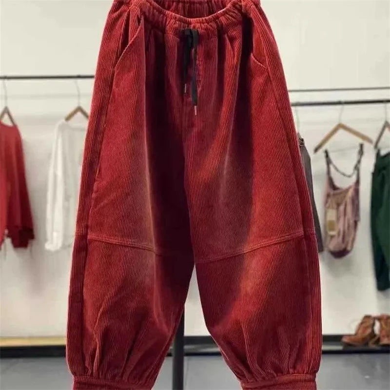 Ladies Large Size 4XL Corduroy Pantalons 2024 Female High Waist Add Velvet Casual Trousers Winter Women Loose Fit Lantern Pants