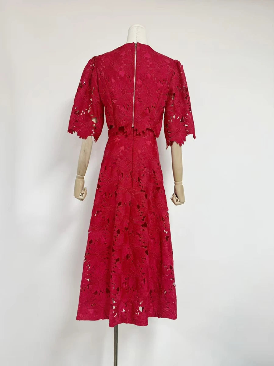 VGH Embroidery Two Piece Set for Women O Neck Batwing Sleeve Top High Waist Hollow Out A Line Long Skirt Elegant Suit Female New