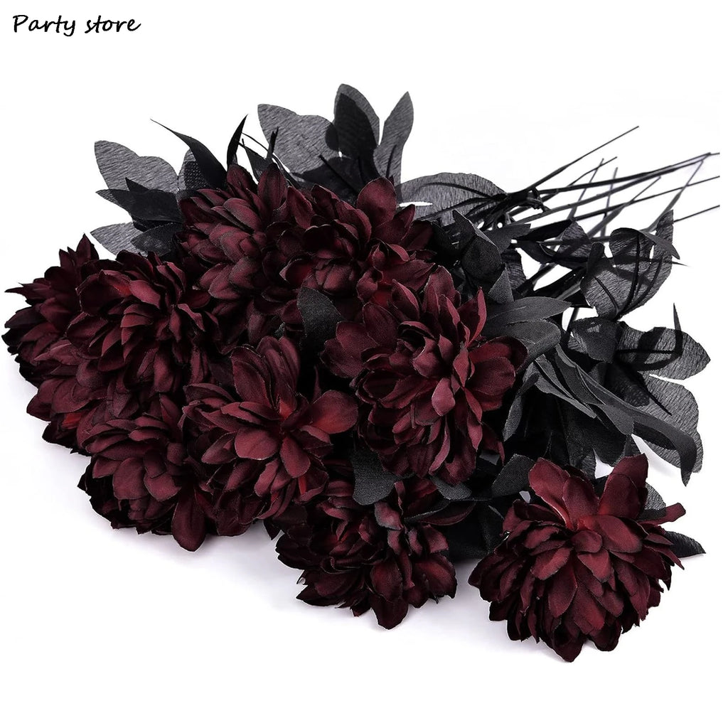 Halloween Burgundry Dahlia Black Artificial Flower Branch Wedding Flower Wall Arrangement Materials Fake Flower Table Home Decor