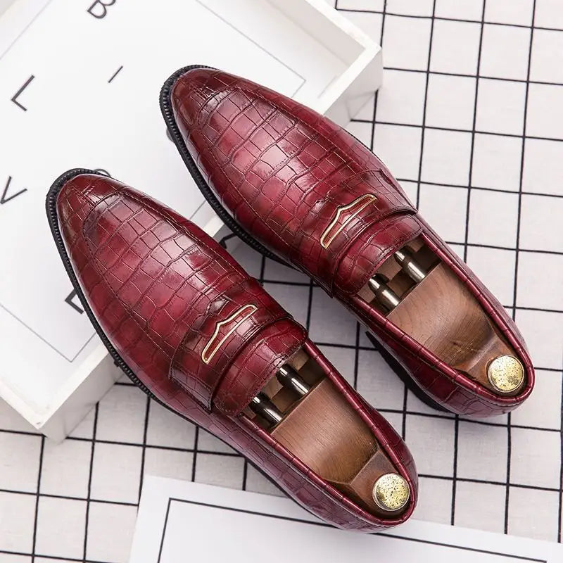 Men's Crocodile Pattern Black Loafers – Pointed Toe Slip-On Wedding Oxford