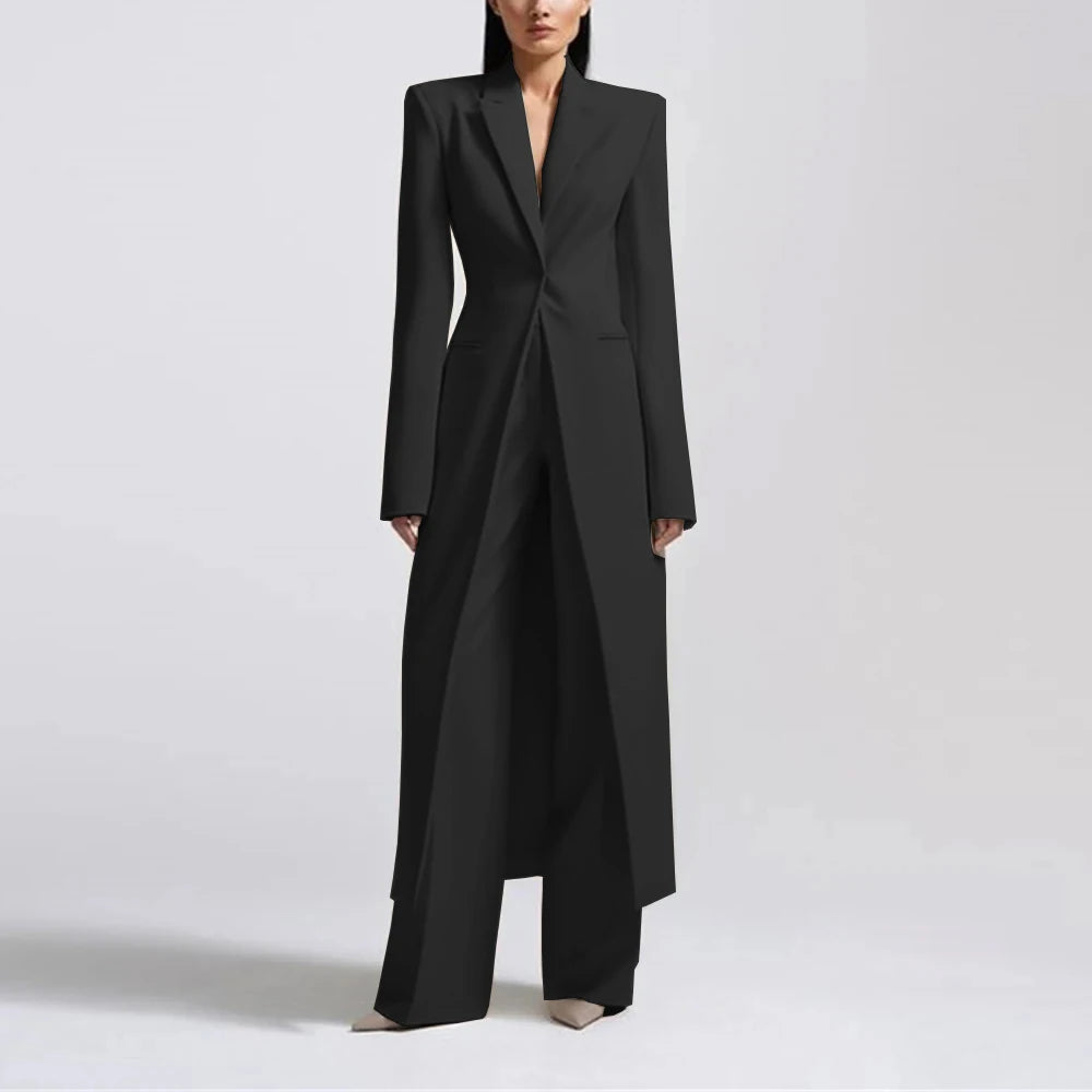 Fashion Beige Women's Blazer PantsSuit Peak Lapel Long Coat Wedding  Formal Suits Office Lady Jacket Pant 2 Piece