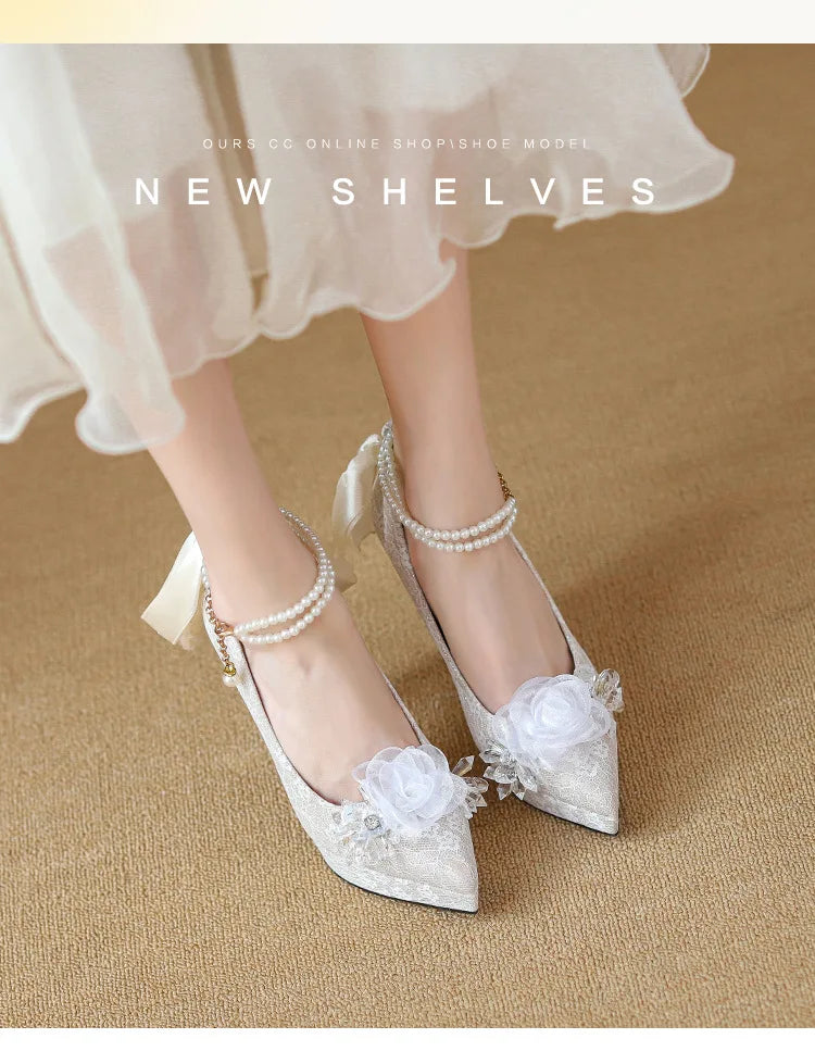High heels, women's wedding shoes, Hexiu, two pairs of thick heels, beautiful ankle rings, pearl straps, bridal shoes