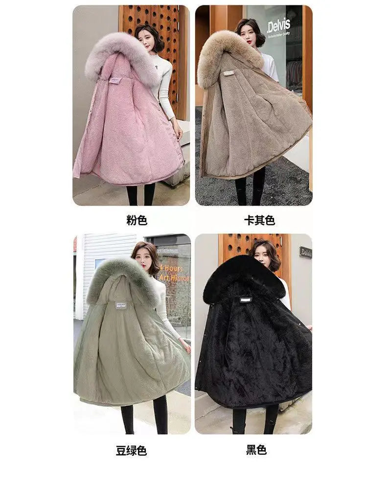 2025 Winter New Korean Edition Loose Thicken Cotton Jacket Women's Big Fur collar Hooded Coat Female Casual Warm Parker Overcoat