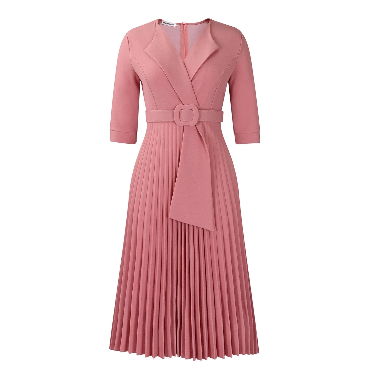 Elegant Office Ladies Dresses 2024 Autumn Fall Notched Collar Half Sleeve Belt Waisted Mid Calf Female Birthday Party Dress Midi