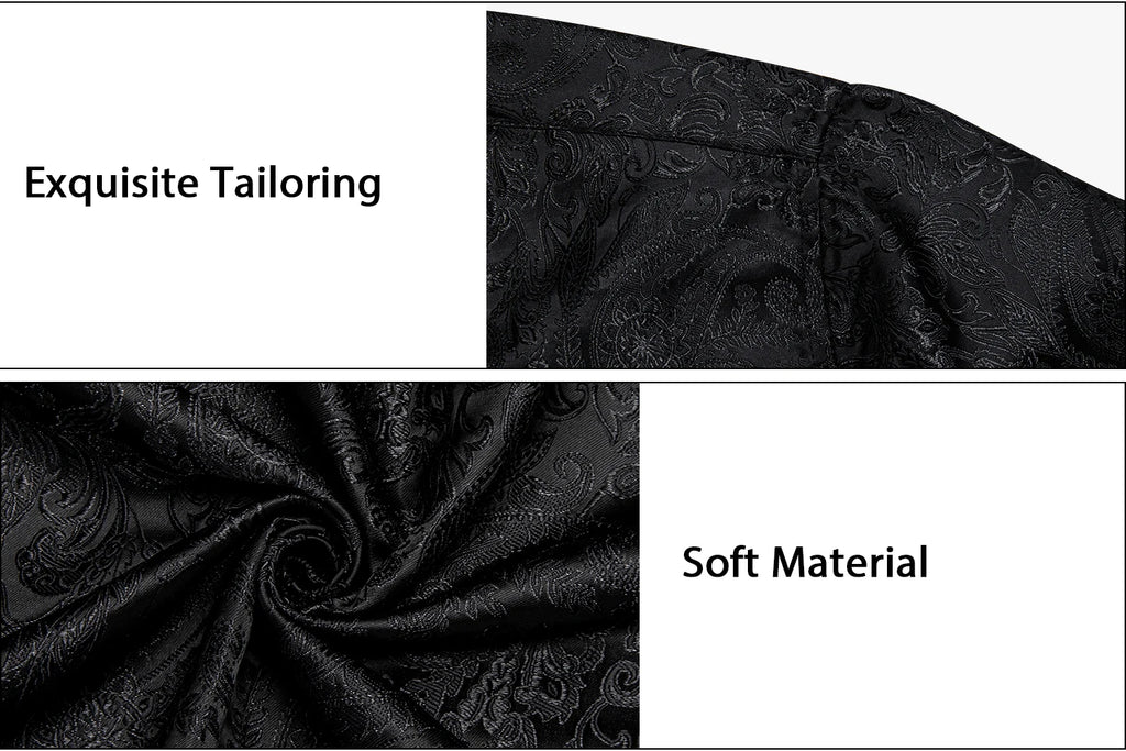 DiBanGu Silk Polyester Dress Shirts for Men Black Solid Paisley Red Silver Long Sleeve Turn Down Collar Prom Social Men's Shirt