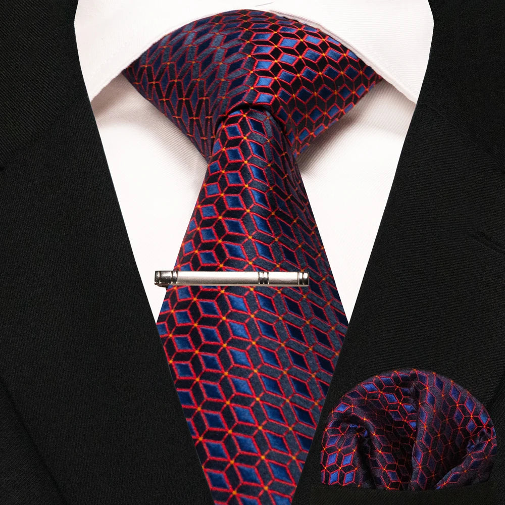 JEMYGINS New Fashion Black Plaid Men's Tie 8cm Silk Business Necktie Handkerchief Tie clips set Wedding Party Tie Gift For Men