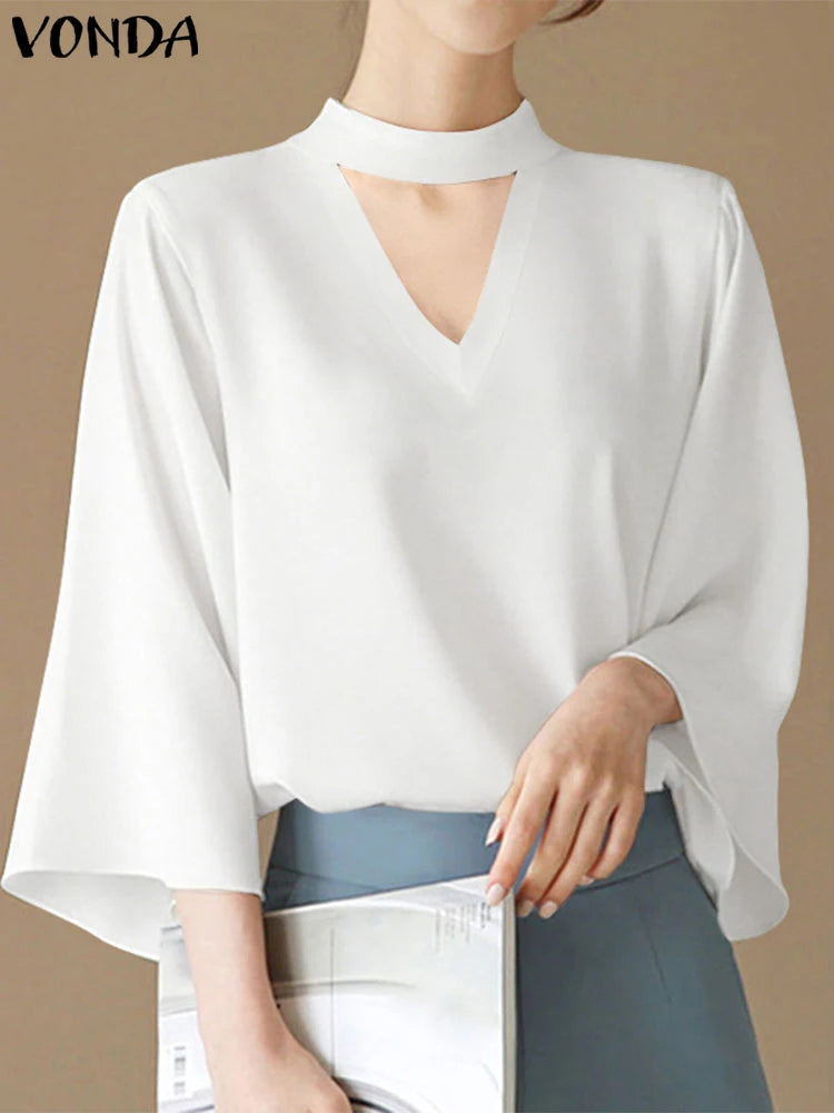 VONDA Plus Size Fashion Blouse Women Elegant OL Shirts Casual Hollow Out V Neck Solid Color Tunic Tops 3/4 Sleeve Blusas 5XL