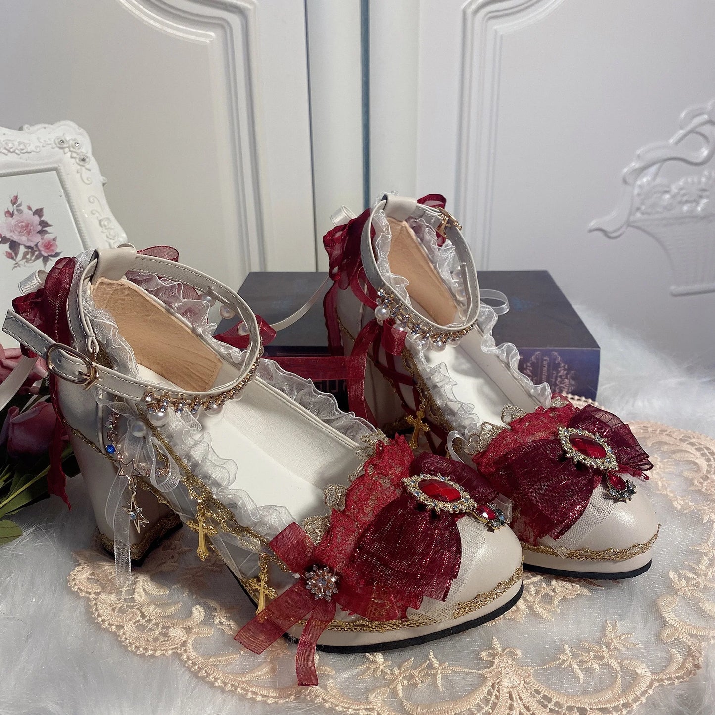 Cos Girl Heart Lolita Handmade Round Head High Heel Lo Shoes Japanese Sweet Loli Girl Tea Party Flower Wedding High Heel Shoes