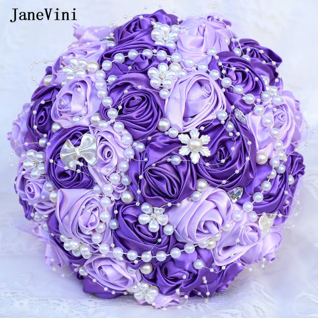 JaneVini Stunning Pearls Purple Flowers Bridal Bouquets Ribbon Handle Artificial Satin Roses Bride Bouquet Wedding Accessories