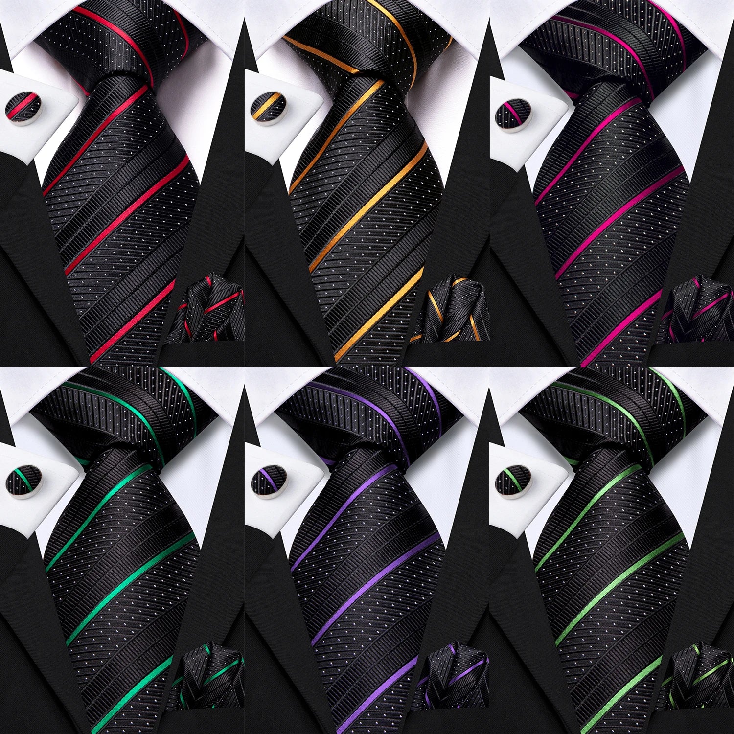 Hi-Tie Striped Black Purple Red Green Men Elegant Necktie Hanky Cufflinks for Tuxedo Fashion Classic Silk Luxury Tie for Man