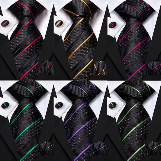 Hi-Tie Striped Black Purple Red Green Men Elegant Necktie Hanky Cufflinks for Tuxedo Fashion Classic Silk Luxury Tie for Man