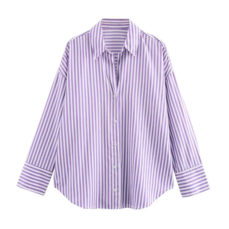 Traf 2025 women's spring new Europe-American fashion striped long sleeve lapel loose version poplin shirt multi-color selection