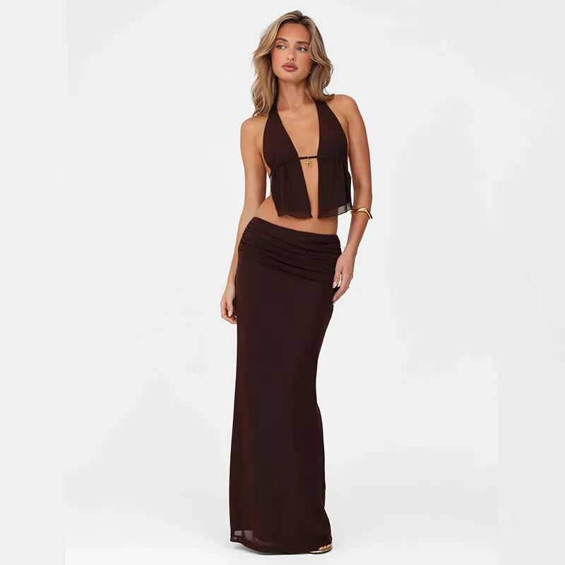 Mozision Hollow Out Lace-up Sexy Skirt 2 Piece Sets Women Brown Halter Crop Tops And Maxi Skirt Female Skinny Sexy Two Piece Set