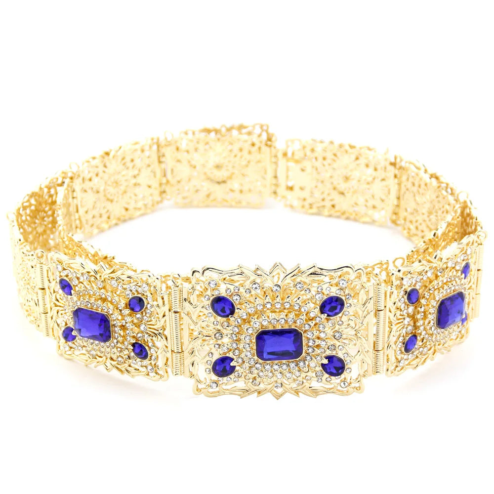 Sunspicems Gold Color Blue Crystal Morocco Caftan Belt For Women Algera Bride Wedding Belt Jewelry Decorative Waist Chain