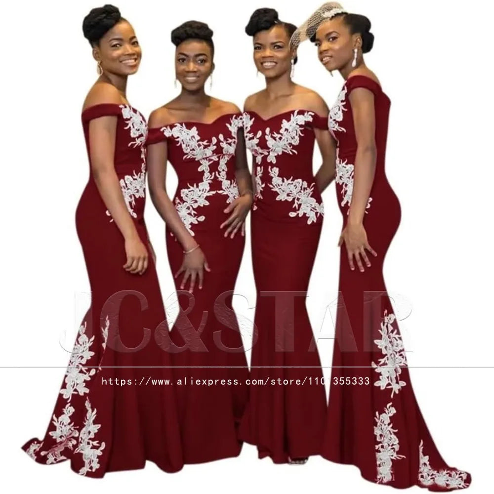 Burgundy Womens Off The Shoulder Mermaid Bridesmaid Dresses for Wedding Lace Satin Prom Dresses Long Formal Evening Gowns Africa