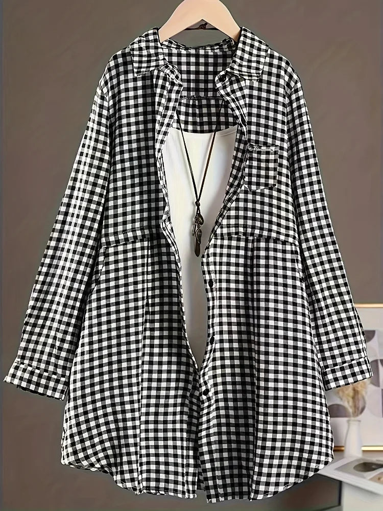 Plus Size New Korean Fashion Blouses Plaid Button Solid Midi Autumn Shirt Female All-match Loose Long Sleeve Polo-Neck Blouse