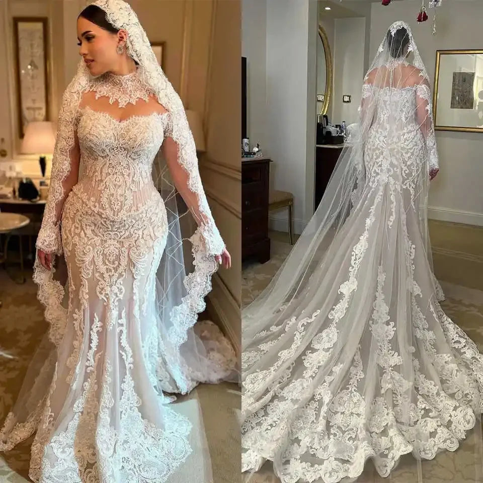 FW Vintage Mermaid Wedding Dresses High Neck Appliques Lace Long Sleeve Bridal Gown Sweep Train Customized Vestido De Noiva