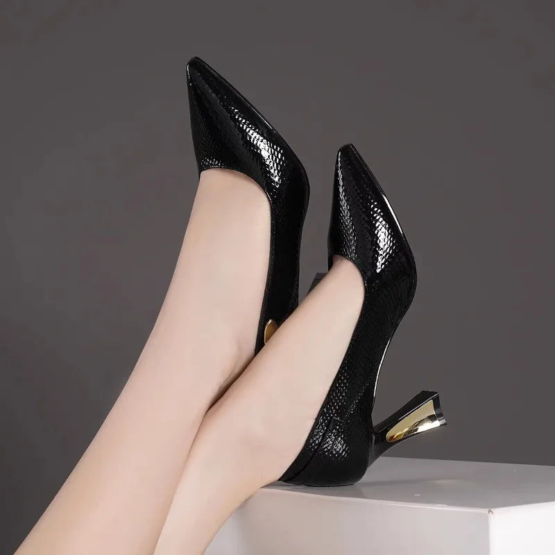 Basic Wine Snakeskin Leather Women Shoes Stiletto High Heels Pointy Toe Women Pumps Weddings Party Size 33-42 Shoes Woman