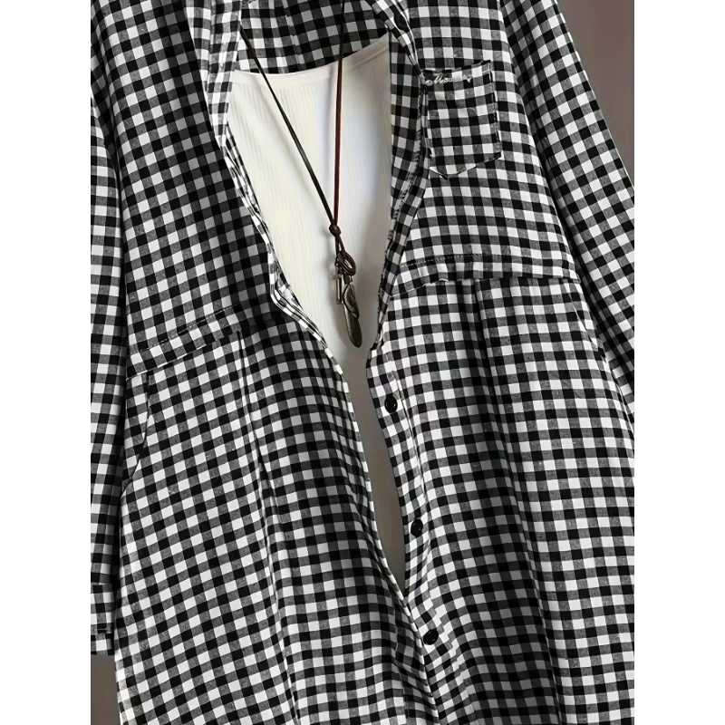 Plus Size New Korean Fashion Blouses Plaid Button Solid Midi Autumn Shirt Female All-match Loose Long Sleeve Polo-Neck Blouse