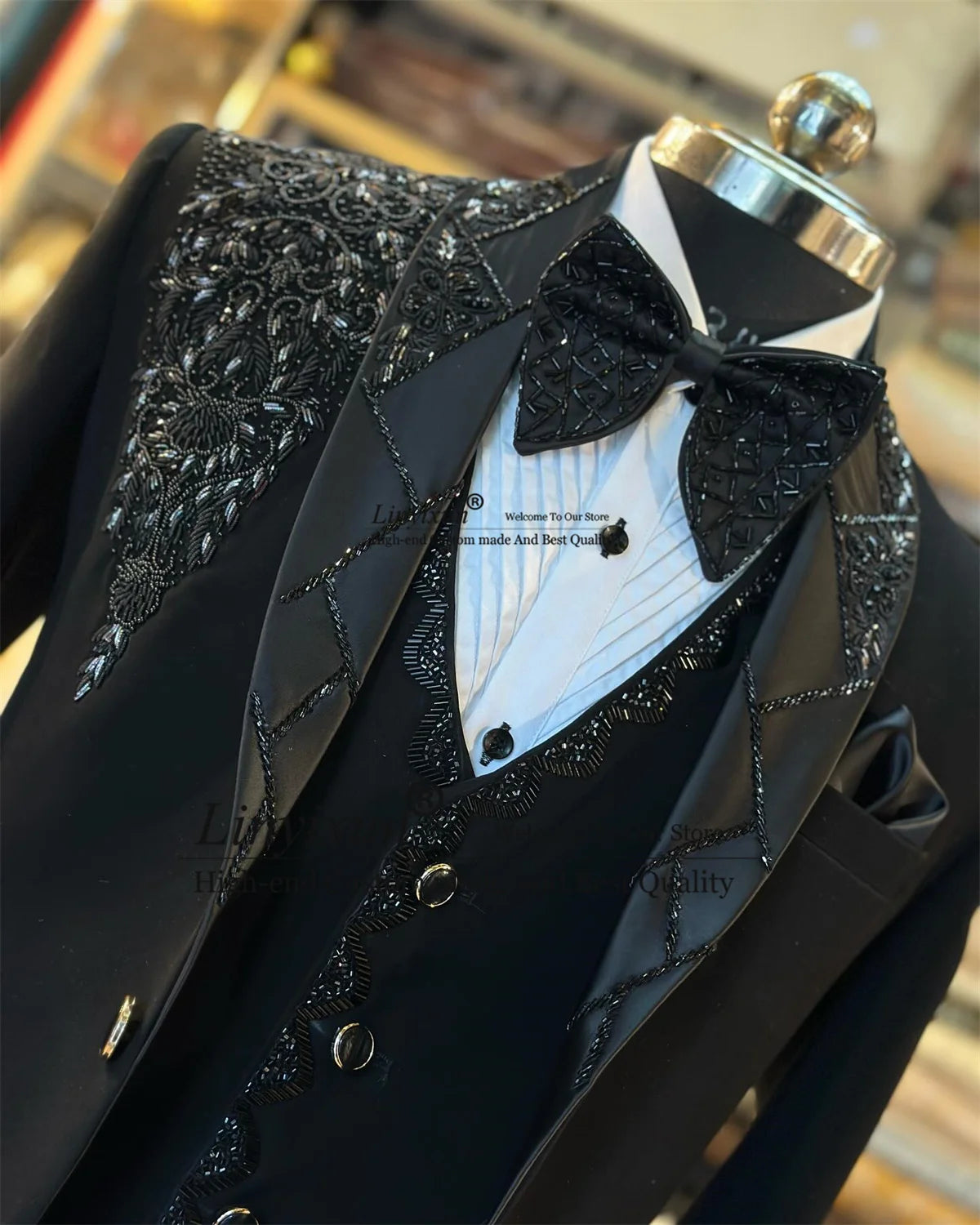 Luxury Metal Diamond Embellished Men Suit Glitter Wedding Prom Blazers 3 Pieces Set Groom Tuxedos Slim Fit trajes para hombre