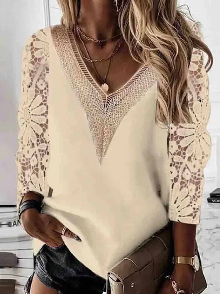 New V-neck Stitching Lace Women Blouse Long Sleeve Spring Hollow Out Chiffon Shirt Casual Tops Loose Clothes Blusas 25948