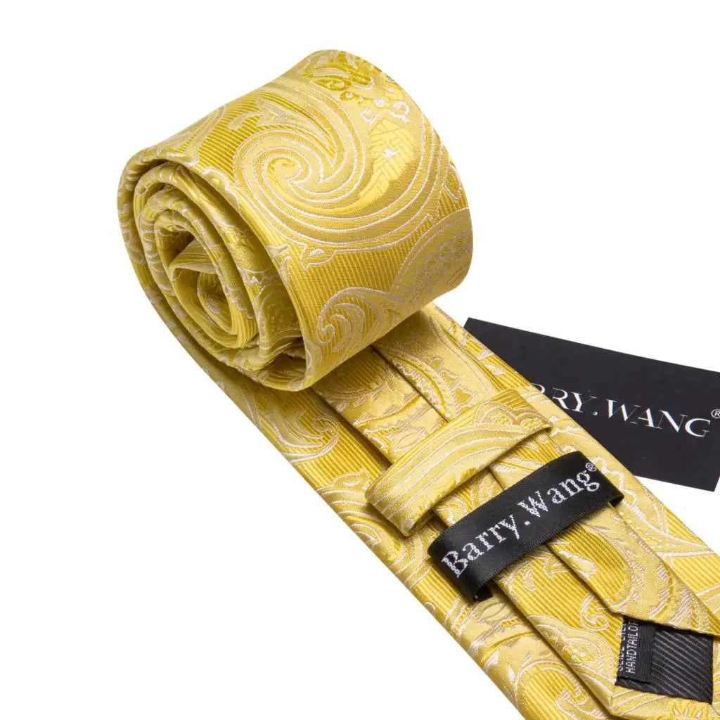 Barry.Wang Gold Beige Yellow Brown Tulip Silk Men Tie Handkerchief Cufflink Set Jacquard Necktie for Male Wedding Business Party