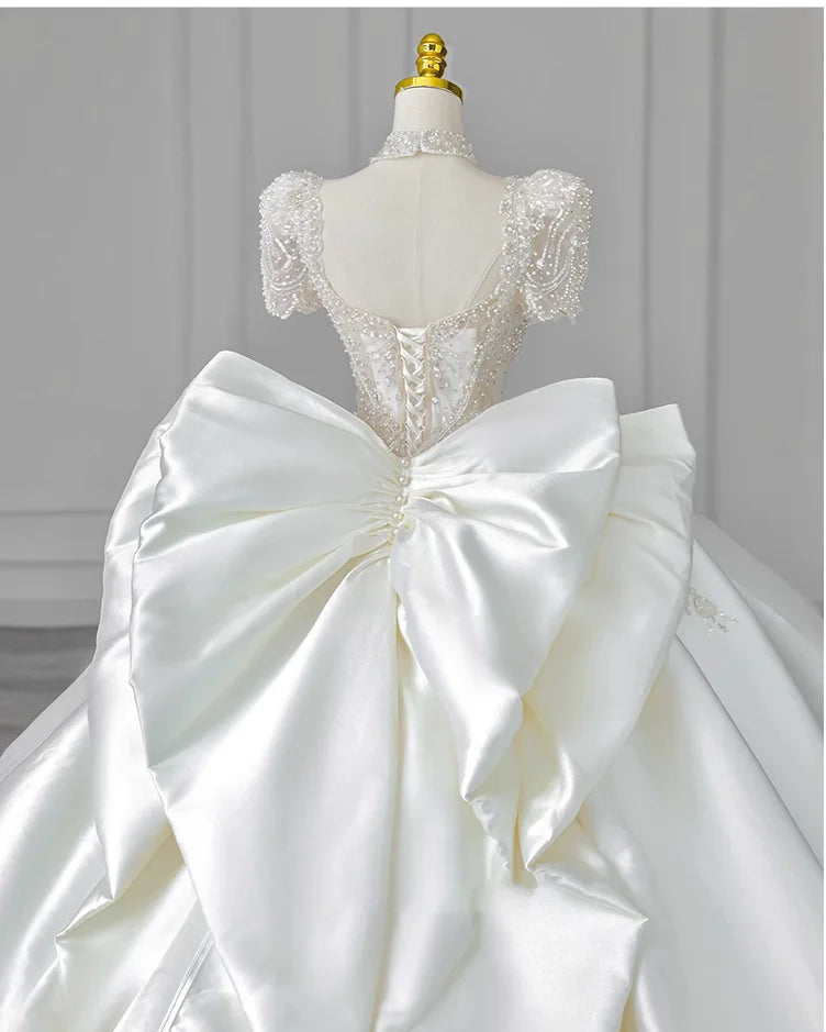 Satin white French light wedding dress 2023 new bride high-quality texture trailing summer court style main yar