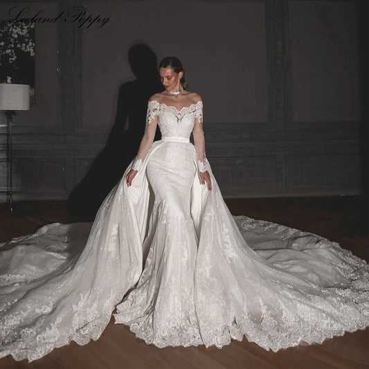 Lceland Poppy Customized Boat Neck Mermaid Lace Wedding Dresses Beaded Appliques Long Sleeves Bridal Gowns with Detachable Train