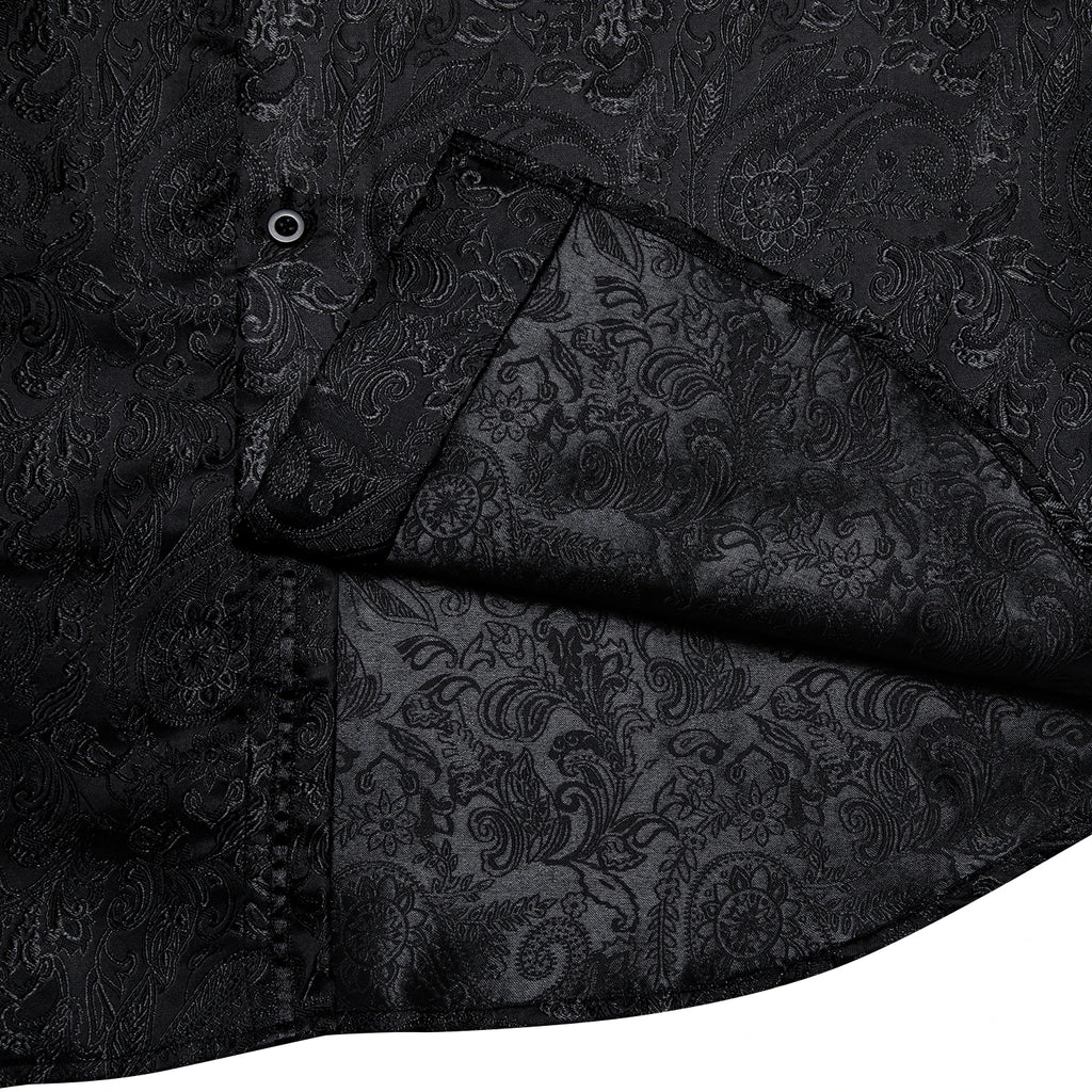 DiBanGu Silk Polyester Dress Shirts for Men Black Solid Paisley Red Silver Long Sleeve Turn Down Collar Prom Social Men's Shirt