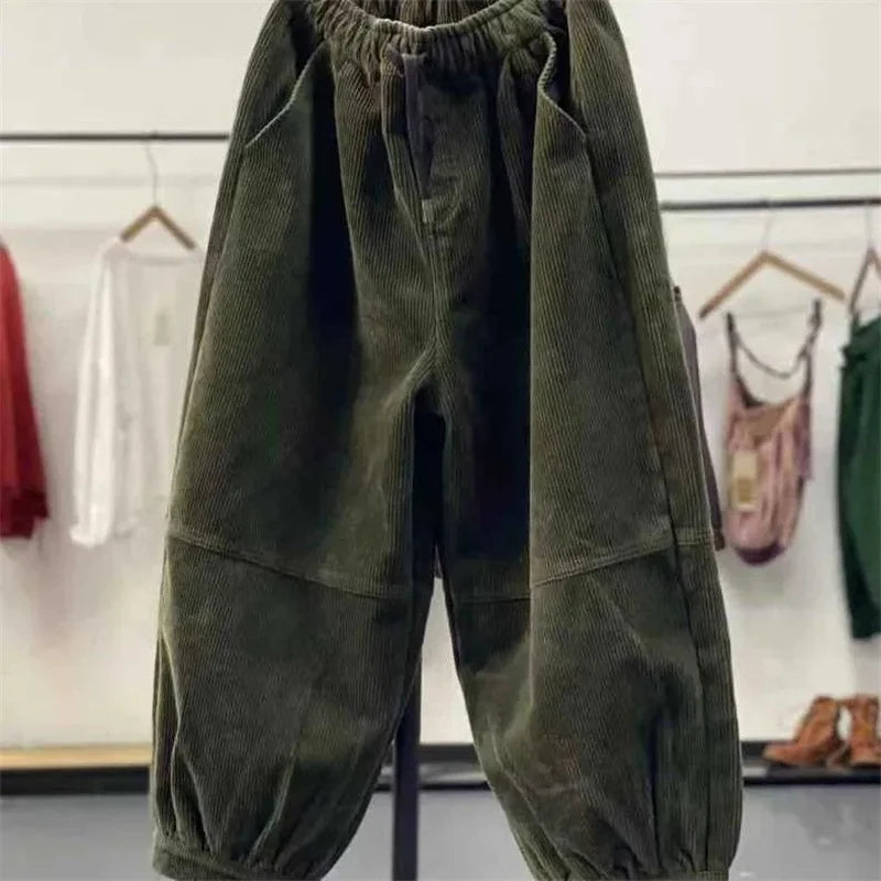 Ladies Large Size 4XL Corduroy Pantalons 2024 Female High Waist Add Velvet Casual Trousers Winter Women Loose Fit Lantern Pants