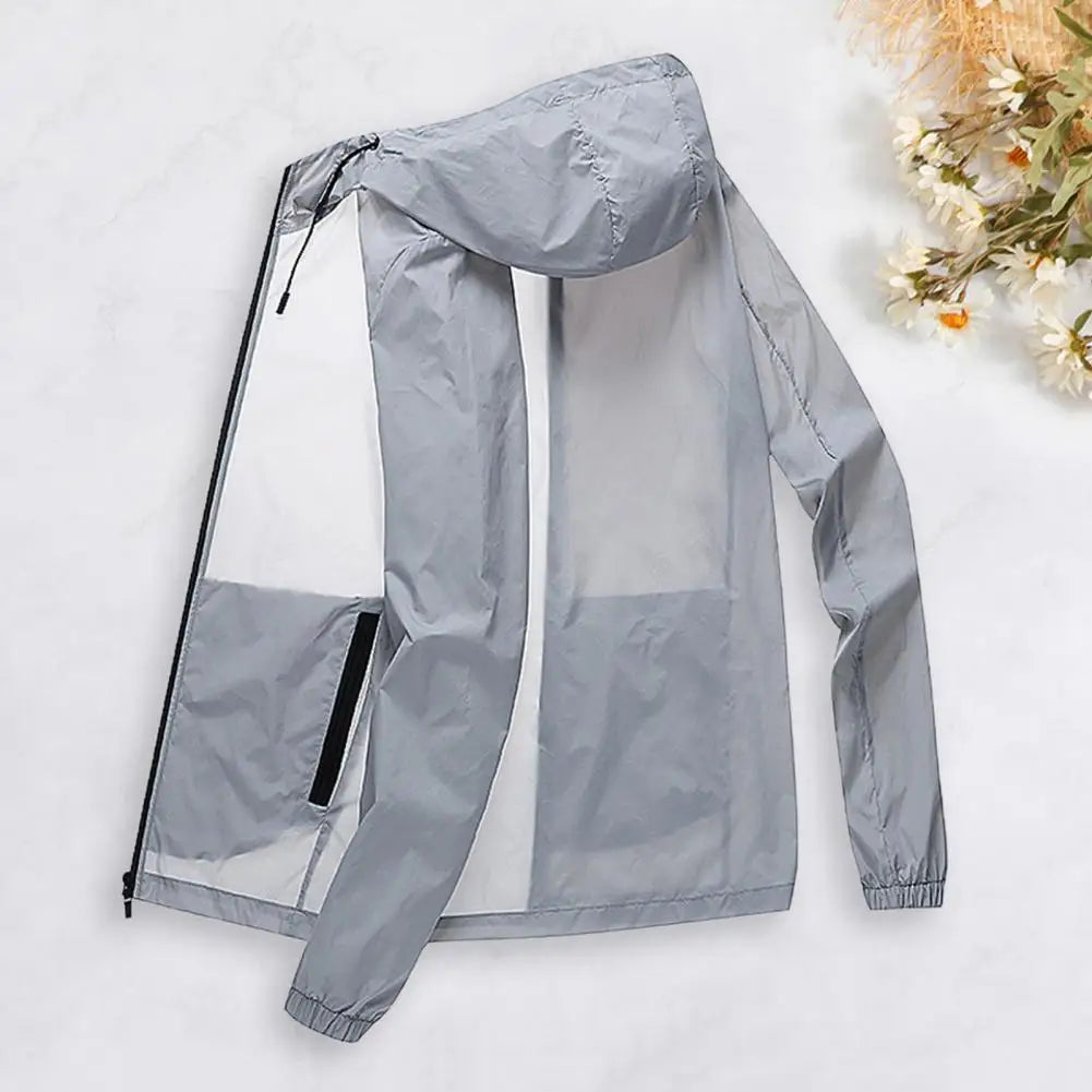 Men Summer Sunscreen Coat Hooded Thin Anti-UV Zipper Closure Solid Color Sunshade Long Sleeves Plus Size Fishing Men Summer Jack