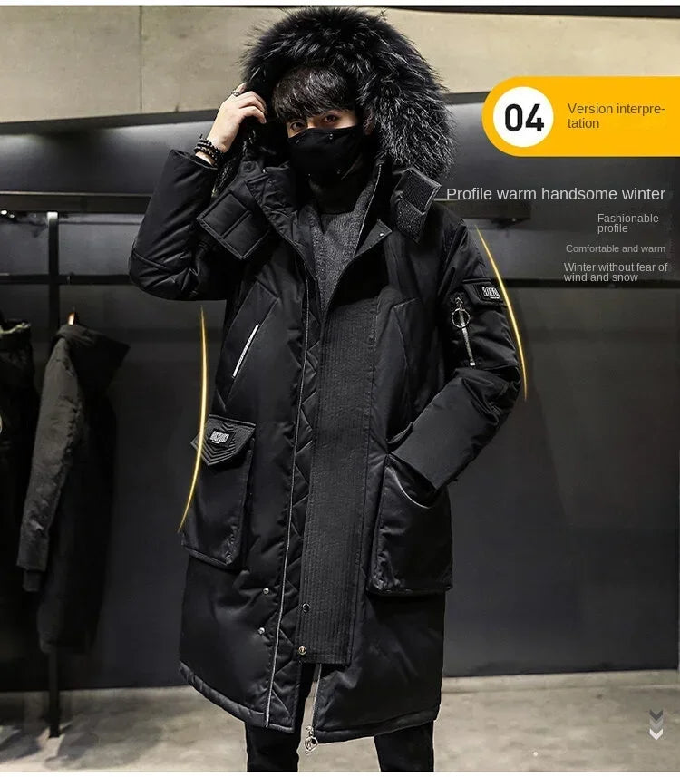 Men's Thickened Down Jacket Hooded Faux Fur Collar Winter Long Parka Jacket Outdoor  Street Fashion Jacket Men's Clothing 2024
