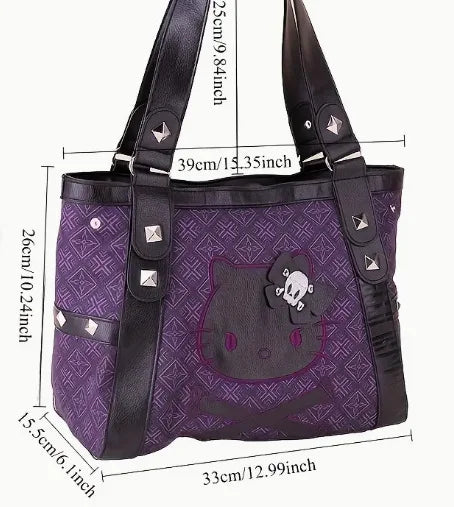 MINISO Sanrio Hello Kitty Vintage Purple Handbag Y2K Gothic Style Multifunctional Underarm Tote Bag Sweet and Spicy Fashion