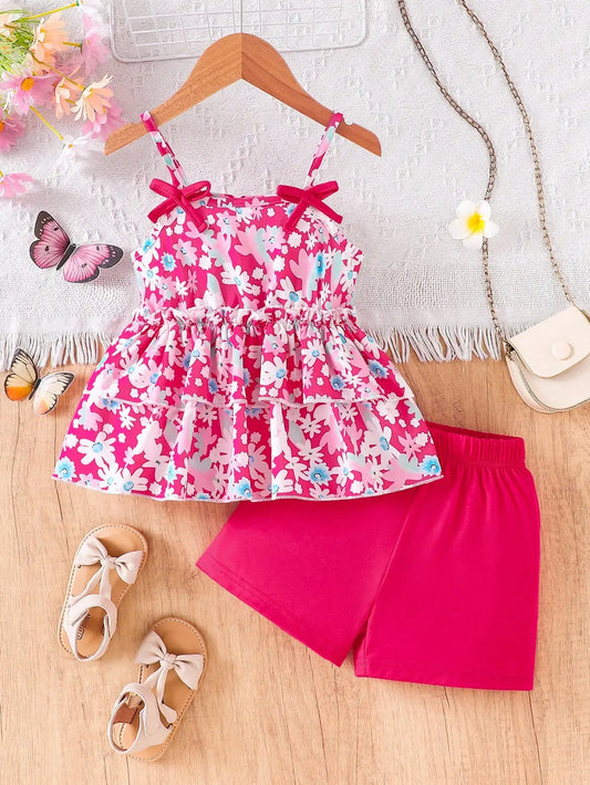Summer Girl's Outfit Floral Sling Top + Shorts Set