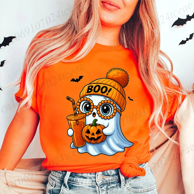 Halloween Horror Ghost Tee Women Clothing Y2K Designer T Shirt Female Cute Ghost Halloween Funny Streetwear Anime Tee Clothes