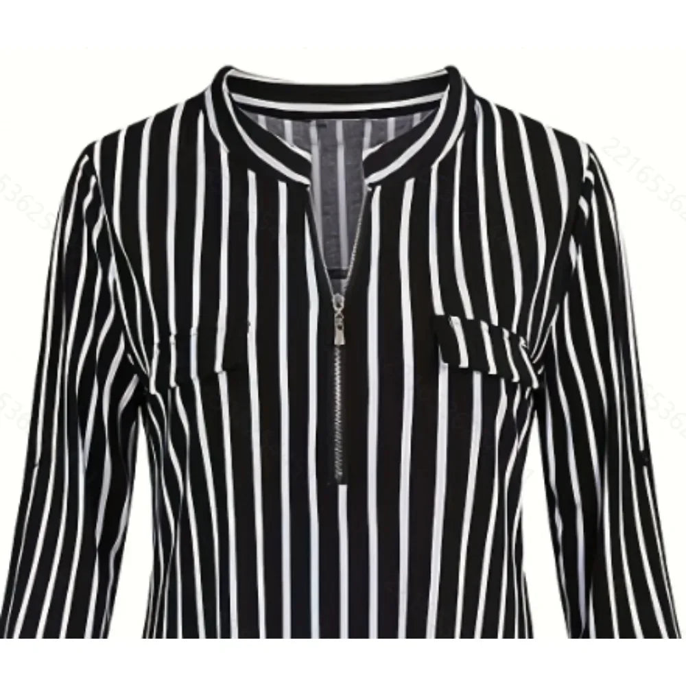 Plus Size 1XL-5XL Womens Stripe 3/4 Sleeve Bllouse Shirts Zipper V Neck Blouses Women Spring/Fall Fashion Stripe Pattern Shirt
