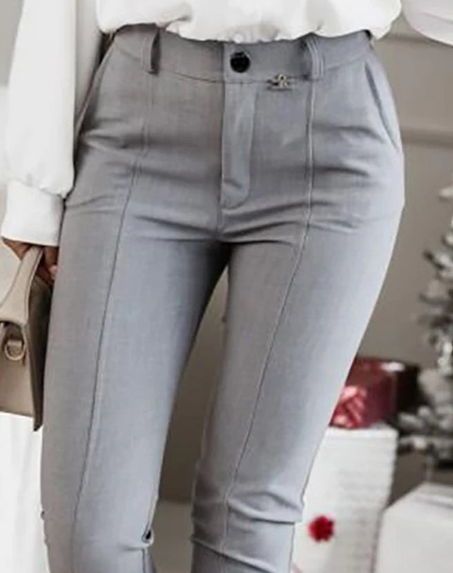 Winter Women's Work Pants 2024 Zipper Fly High Waist Piping Buttoned Pocket Slim Fit Work Elastic Waist Cuffed Pencil Trousers